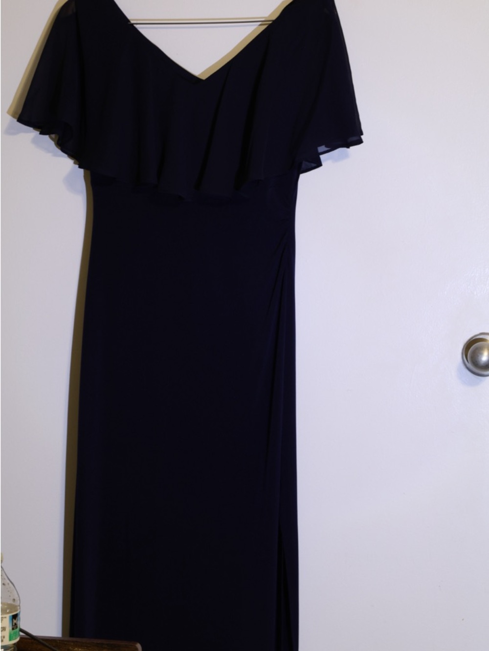 connected apparel Navy One-Shoulder Ruffle Maxi Dress